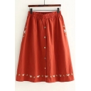 Vintage Embroidery Pattern Single Breasted Elastic Waist Midi A-Line Skirt