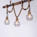 Antique Bronze Hemp Rope Chandelier Industrial Retro Linear 3 Light Pendant with Wire Cage