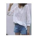 Sweet Lace Hollow Out V Neck Long Sleeve Loose Plain Pullover Blouse