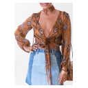 Holiday Printed Long Sleeve Plunge Neck Tie Waist Cropped Top