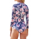 Chic Zipper Back Long Sleeve Floral Printed Color Block One Pieces