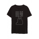 Lovely Cat Letter Printed Short Sleeve Round Neck Pullover Cotton Tee