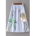 Elastic Waist Striped Pattern Animal Printed A-Line Midi Fashion Skirt