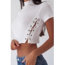 High Neck Short Sleeve Lace-Up Side Hollow Out Cropped Plain T-Shirt