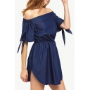 Sexy Off The Shoulder Short Sleeve Bow Tie Cuff Plain Mini A-Line Dress