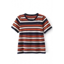 Striped Color Block Short Sleeve Round Neck Knitted Tee