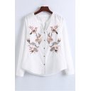 Floral Birds Embroidered Long Sleeve Leisure Casual Buttons Down Shirt