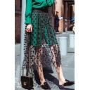 New Fashion Elastic Waist Polka Dot Printed Sheer Mesh Midi Skirt