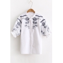 Women's Embroidery Floral Pattern Half Sleeve Round Neck Button Down Shirt