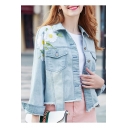 Chic Floral Embroidered Lapel Collar Long Sleeve Buttons Down Denim Jacket