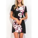 Floral Printed Round Neck Short Sleeve Leisure Mini T-Shirt Dress