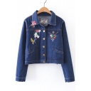 Retro Floral Embroidered Lapel Collar Long Sleeve Buttons Down Denim Coat