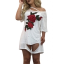 New Fashion One Shoulder Floral Printed Short Sleeve Cut Out Mini T-Shirt Dress