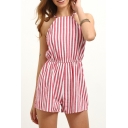 New Arrival Open Back Striped Printed Spaghetti Straps Beach Rompers