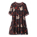 Adorable Cat Printed Round Neck Short Sleeve Ruffle Hem Mini T-Shirt Dress