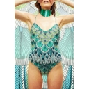 New Fashion Peacock Pattern Spaghetti Straps One Piece Swimwear