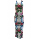 Hot Fashion Round Neck Sleeveless Floral Printed Slit Side Maxi Bodycon Dress