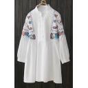 Floral Butterfly Embroidered Long Sleeve Loose Buttons Down Smock Blouse