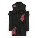 Chic Embroidery Floral Cold Shoulder Long Sleeve Lapel Single Breasted Rompers
