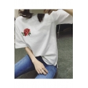 Fashion Embroidery Floral Pattern Short Sleeve Round Neck Tee