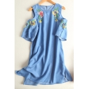 Cold Shoulder Round Neck Short Sleeve Embroidery Floral Mini Swing Denim Dress