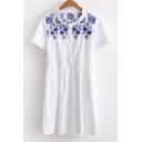 Floral Embroidered Round Neck Short Sleeve A-Line Midi Dress