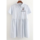 Fashion Embroidery Cartoon Rabbit Pattern Striped Lapel Short Sleeve Mini Shirt Dress