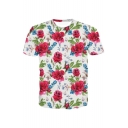 3D Floral Printed Short Sleeve Round Neck Casual Tee