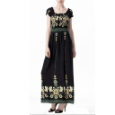 Elegant Women's Squared Neck Short Sleeve Floral Printed Maxi A-Line Dress