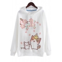 Cartoon Lovely Cat Printed Long Sleeve Loose Leisure Casual Hoodie