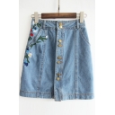Single Breasted Floral Embroidered A-Line Bodycon Mini Denim Skirt