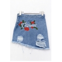 Summer's High Rise Floral Letter Embroidered Ripped Mini Bodycon Asymmetrical Denim Skirt