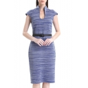 Elegant Short Sleeve Stand Up Collar Zip Back Striped Midi Pencil Dress