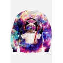Digital Galaxy Cartoon Cat Printed Round Neck Long Sleeve Pullover Sweatshirt