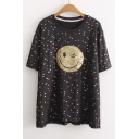 New Arrival Sequined Smile Face Embroidery Star Pattern Short Sleeve Round Neck Tee
