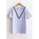 Scallop Bell Short Sleeve Embroidery Floral Pattern Scoop Neck Striped Blouse