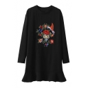Fashion Embroidery Sequined Floral Bird Pattern Long Sleeve Round Neck Mini Shift Dress