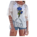 Floral Embroidered Hot Fashion Hollow Out Round Neck Half Sleeve Pullover Blouse