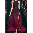 Elegant Chic Halter Sleeveless Split Front Ombre Printed  Maxi A-Line Dress