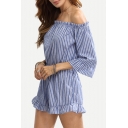 Off the Shoulder Bell Half Sleeve Striped Rompers