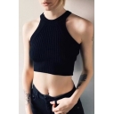 Chic Sleeveless Round Neck Cropped Plain Knitted Tank