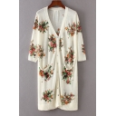 Floral Printed V-Neck 3/4 Length Sleeve Single Breasted Tunic Cardigan with Pockets