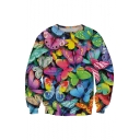 Digital Colorful Butterflies Pattern Round Neck Long Sleeve Pullover Sweatshirt