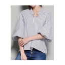 New Arrival Lantern 3/4 Length Sleeve Stand Up Collar Striped Blouse Top