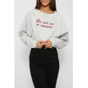 Fashion Embroidery Letter Pattern Long Sleeve Round Neck Cropped T-Shirt
