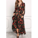 Floral Printed Plunge Neck Long Sleeve Cut Out Sleeve Maxi A-Line Dress