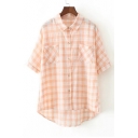 Color Block Plaid Lapel Half Sleeve High Low Hem Single Breasted Shirt