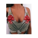 New Fashion Sexy Plunge Neck Floral Embroidered Sleeveless Tank Top