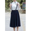 Fresh Simple A-Line Pleated Midi Plain Overall Skirt