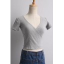 Simple Wrap Front V-Neck Short Sleeve Plain Cropped Knitted Tee